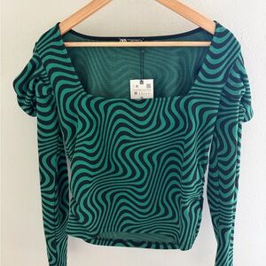 Zara Women Black and Green Geometric Pattern Blouse